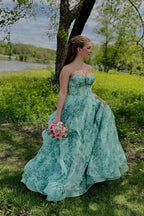 A Line Sweetheart Green Floral Long Prom Dress JP070848