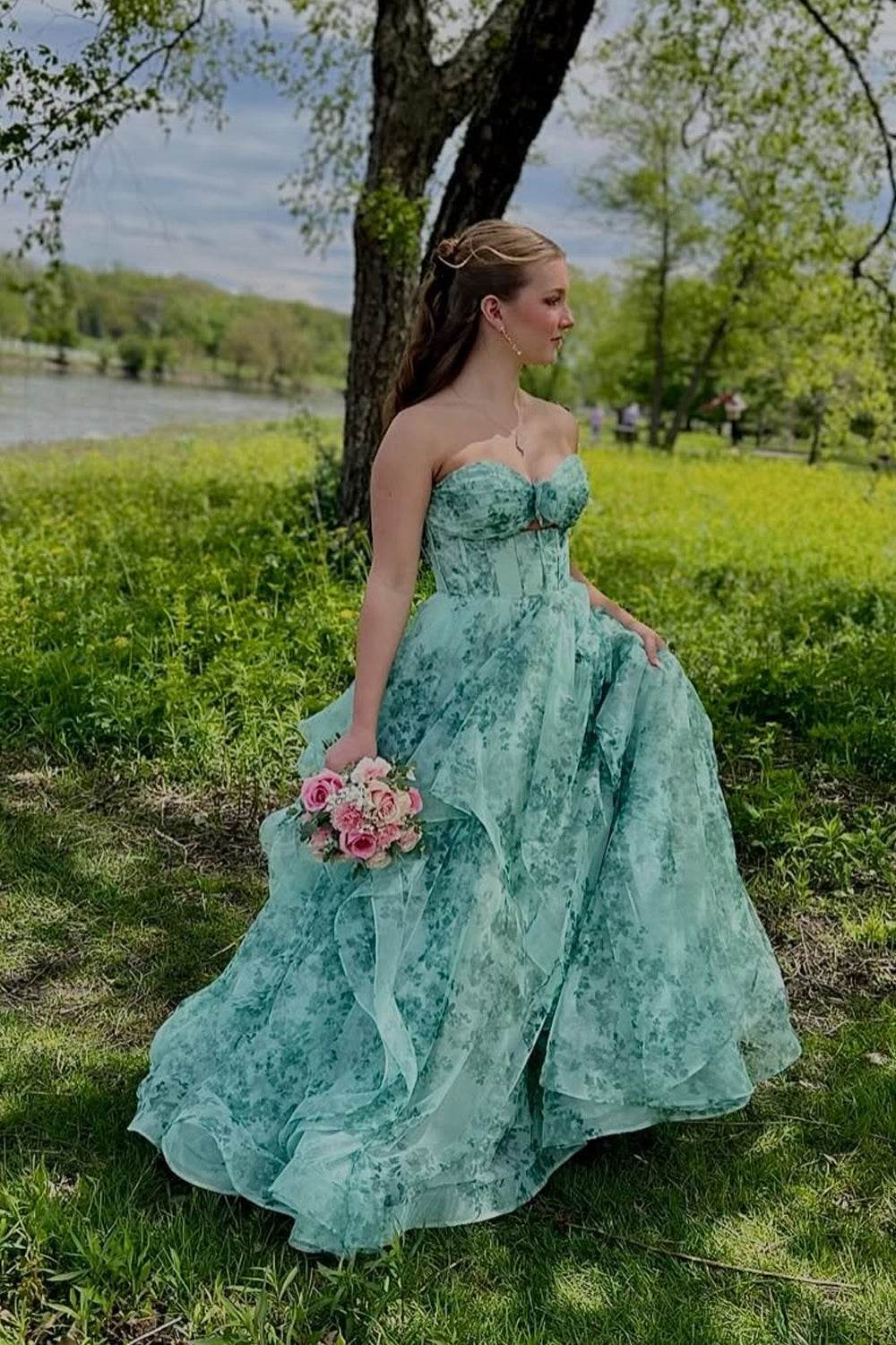 A Line Sweetheart Green Floral Long Prom Dress JP070848