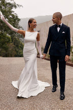 Mermaid Elegant Boat Neck Elastic Satin Wedding Dresses JP070909