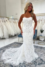 Lace Mermaid Strapless Long Wedding Dresses with Appliques JP070931
