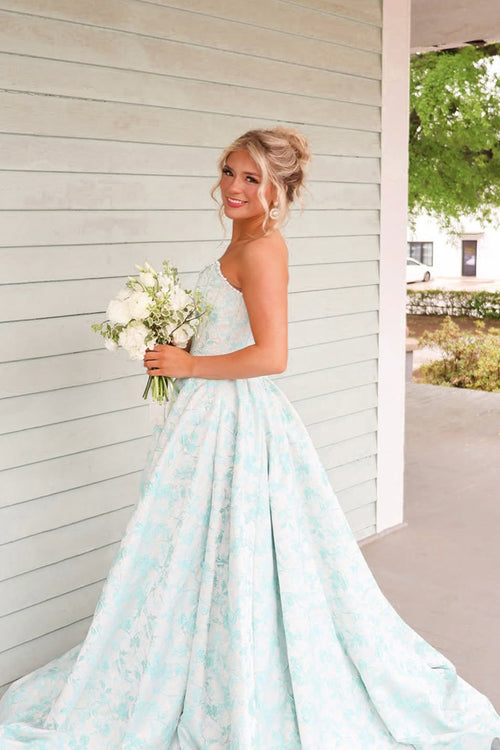 A Line Scoop Neck Jacquard Satin Long Prom Dress with Pearls JP070863