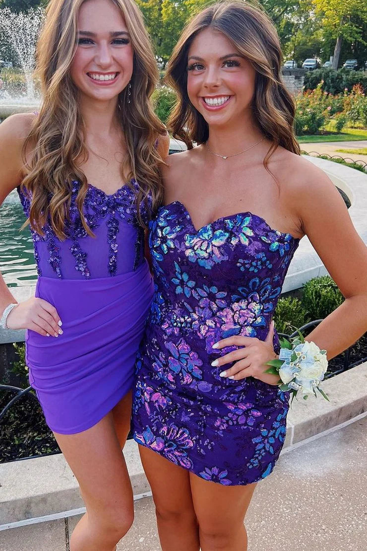 Bodycon Sweetheart Purple Sequins Lace Short Homecoming Dress JP082707