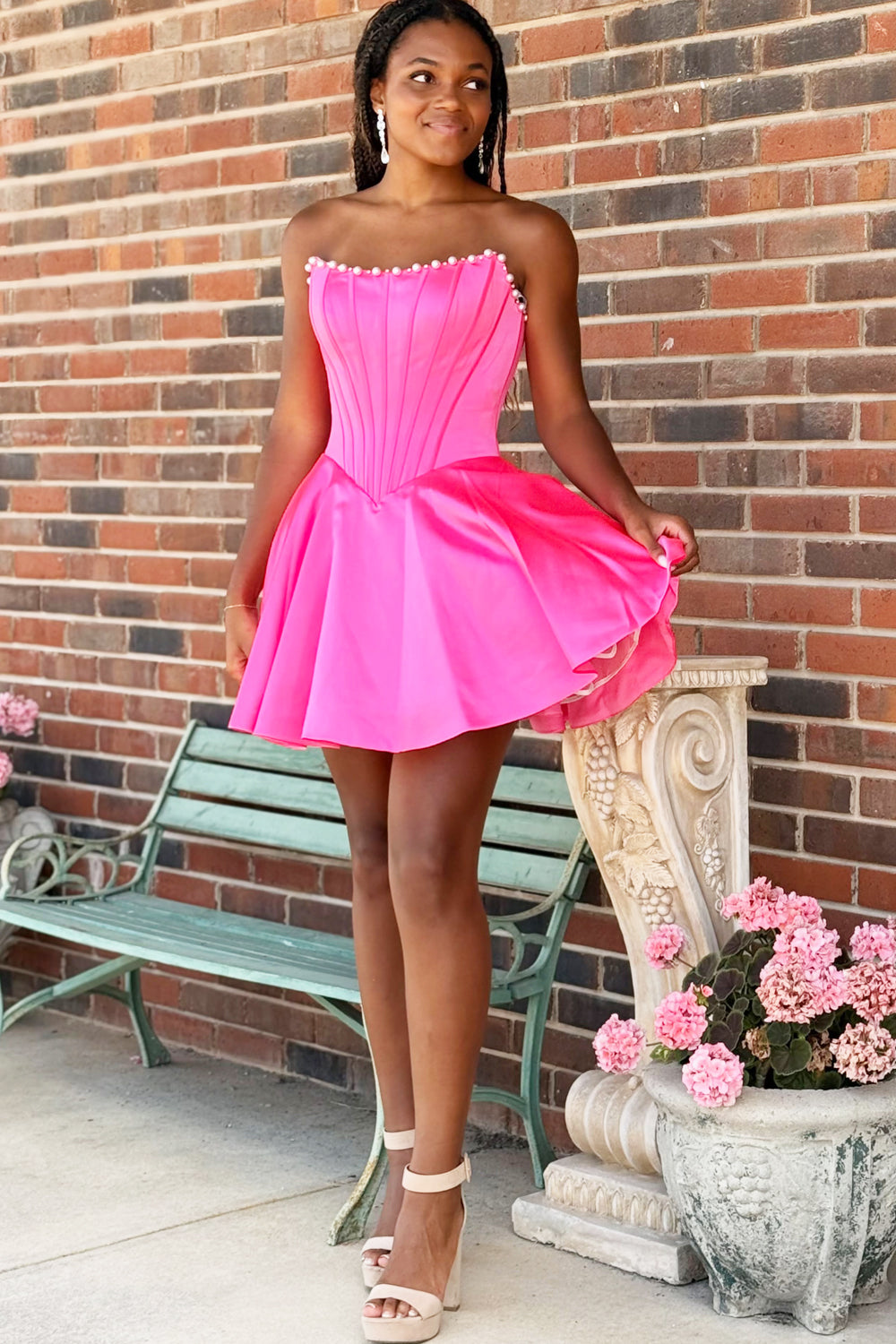 A Line Scoop Neck Hot Pink Satin Short Homecoming Dresses with Appliques JP072210