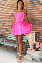 A Line Scoop Neck Hot Pink Satin Short Homecoming Dresses with Appliques JP072210