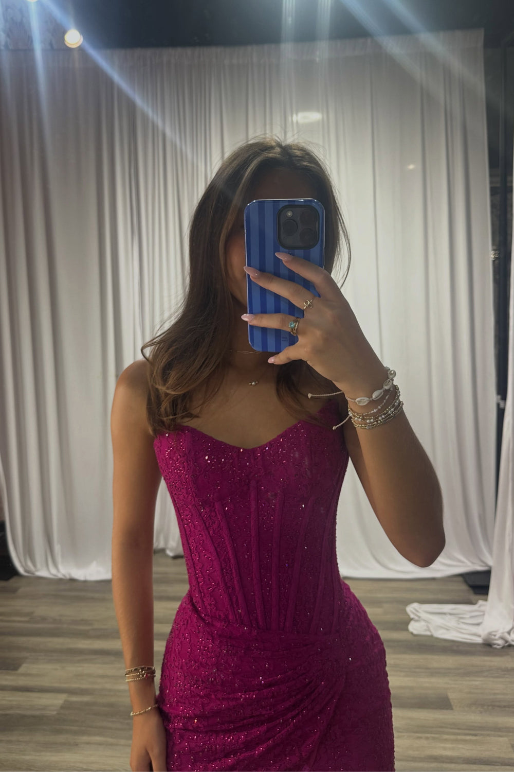 Tight Strapless Fuchsia Lace Short Homecoming Dress with Hot Fix JP082505