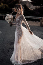 A Line V Neck Sequins Long Sleeves Beach Wedding Dress JP073110