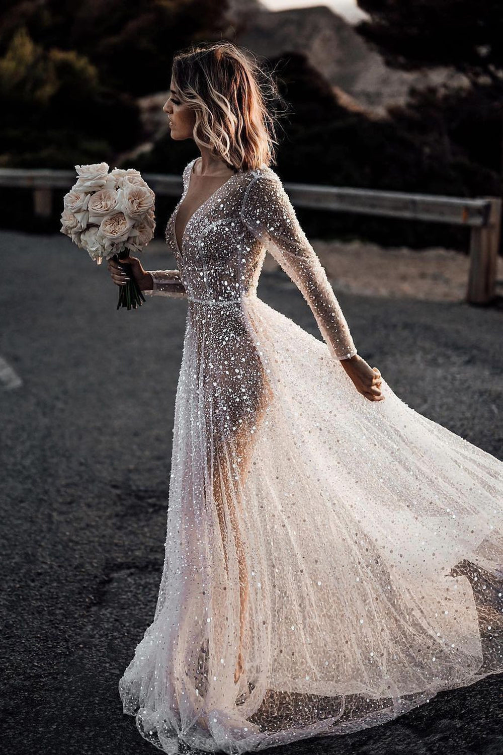A Line V Neck Sequins Long Sleeves Beach Wedding Dress JP073110