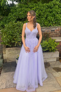A Line V Neck Lavender Tulle Prom Dress with Appliques JP070820