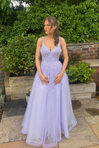 A Line V Neck Lavender Tulle Prom Dress with Appliques JP070820