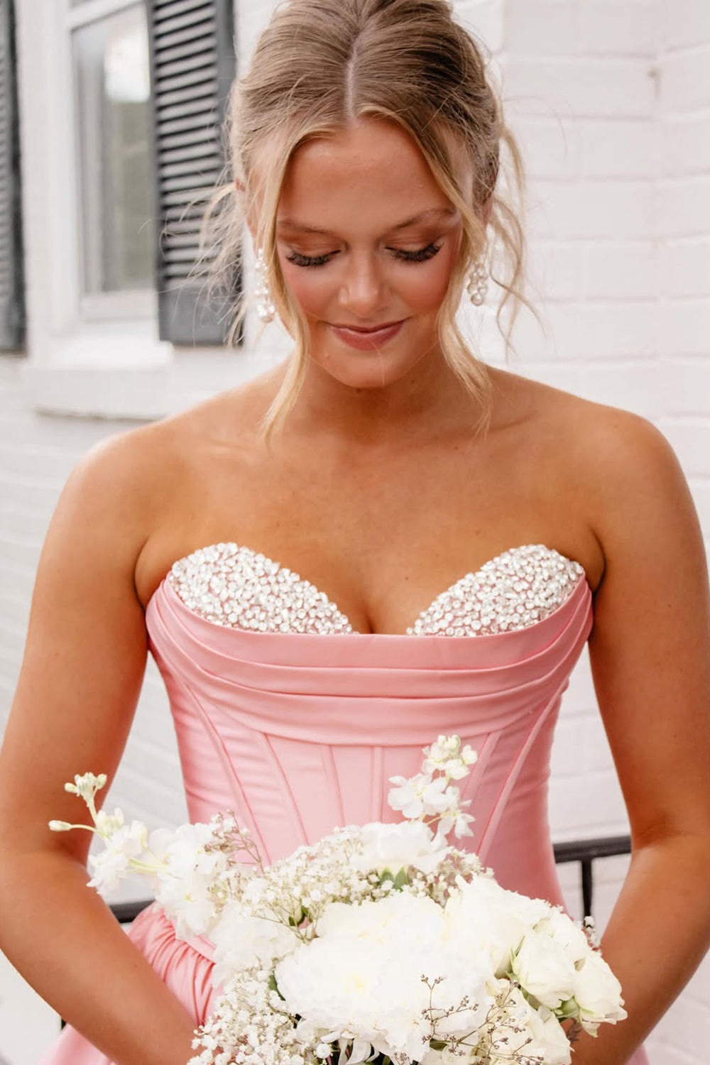 A Line Sweetheart Blush Satin Long Prom Dress with Beading JP070849