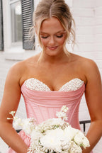 A Line Sweetheart Blush Satin Long Prom Dress with Beading JP070849
