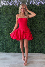 A Line Strapless Red Satin Homecoming Dresses with Beading JP072508