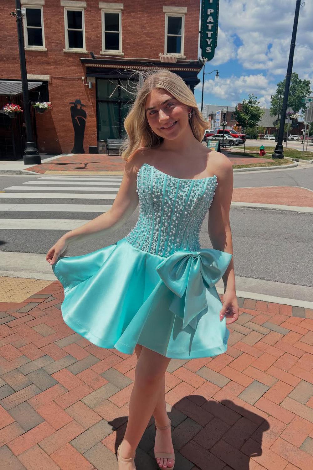 A Line Strapless Aqua Satin Short Homecoming Dresses with Beading JP070629