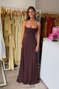 Sheath Strapless Chotolate Chiffon Long Evening Party Dress JP070838