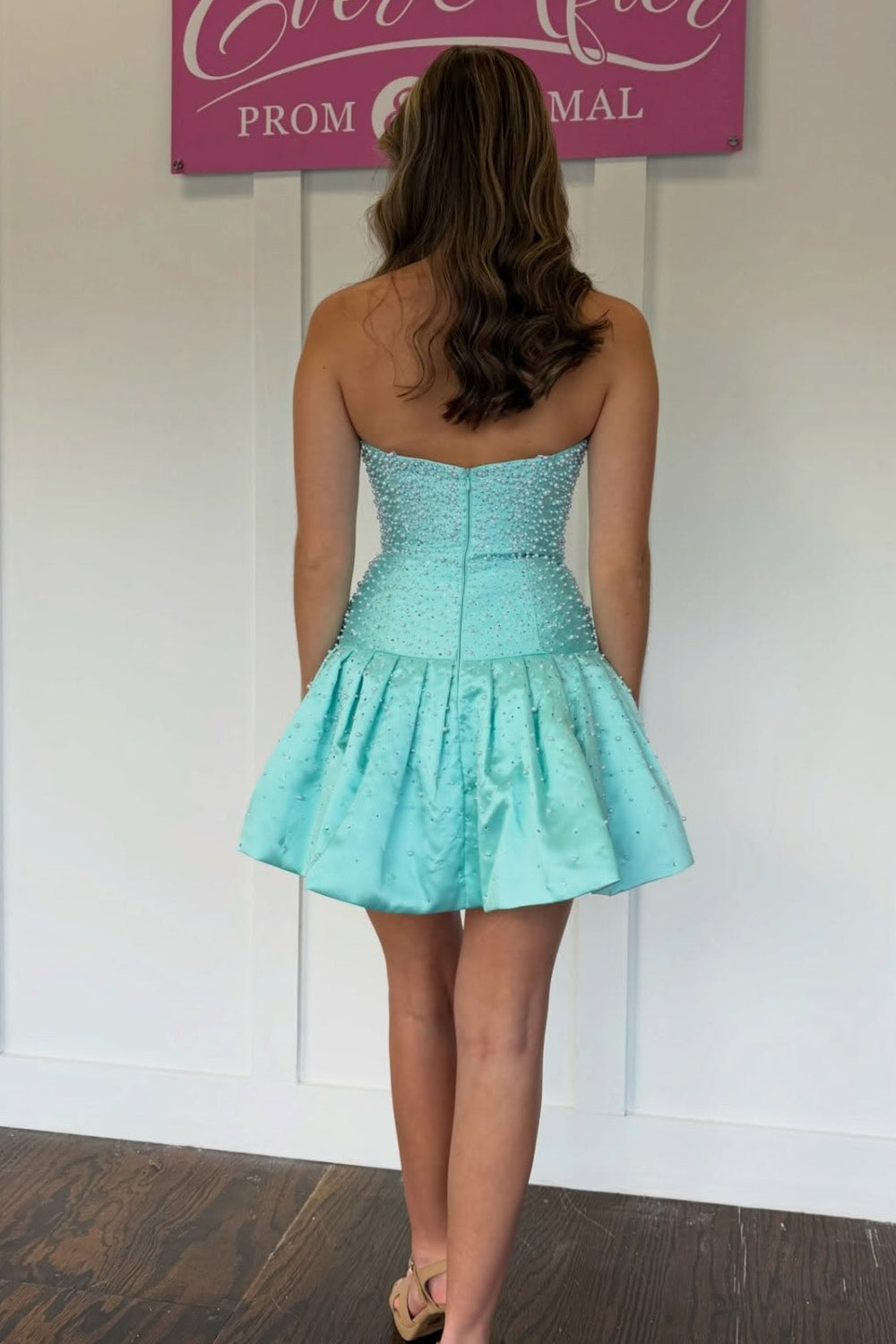 A Line Strapless Mint Satin Homecoming Dresses with Beading JP072510