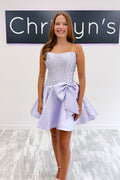 A Line Strapless Light Purple Satin Short Homecoming Dresses with Beading JP071513