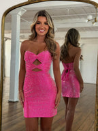 Sparkling Strapless Pink Backless Fitted Homecoming Dress with Keyholes JP25092502