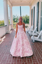 A Line Scoop Neck Pink Jacuqard Satin Long Prom Dress JP070849
