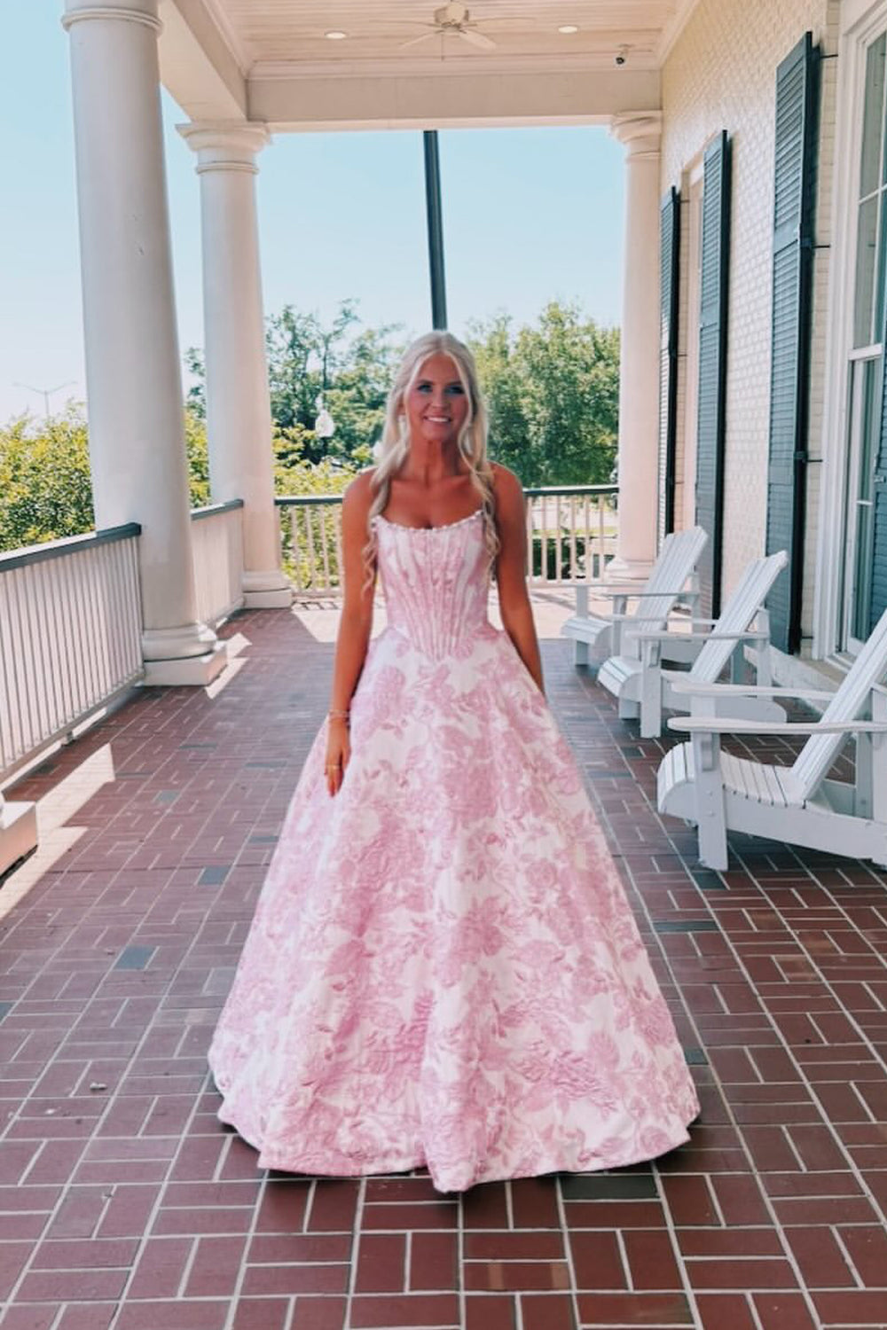 A Line Scoop Neck Pink Jacuqard Satin Long Prom Dress JP070849