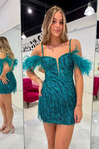 Bodycon Cold Shoulder Peacock Blue Sequins Homecoming Dresses JP24081104