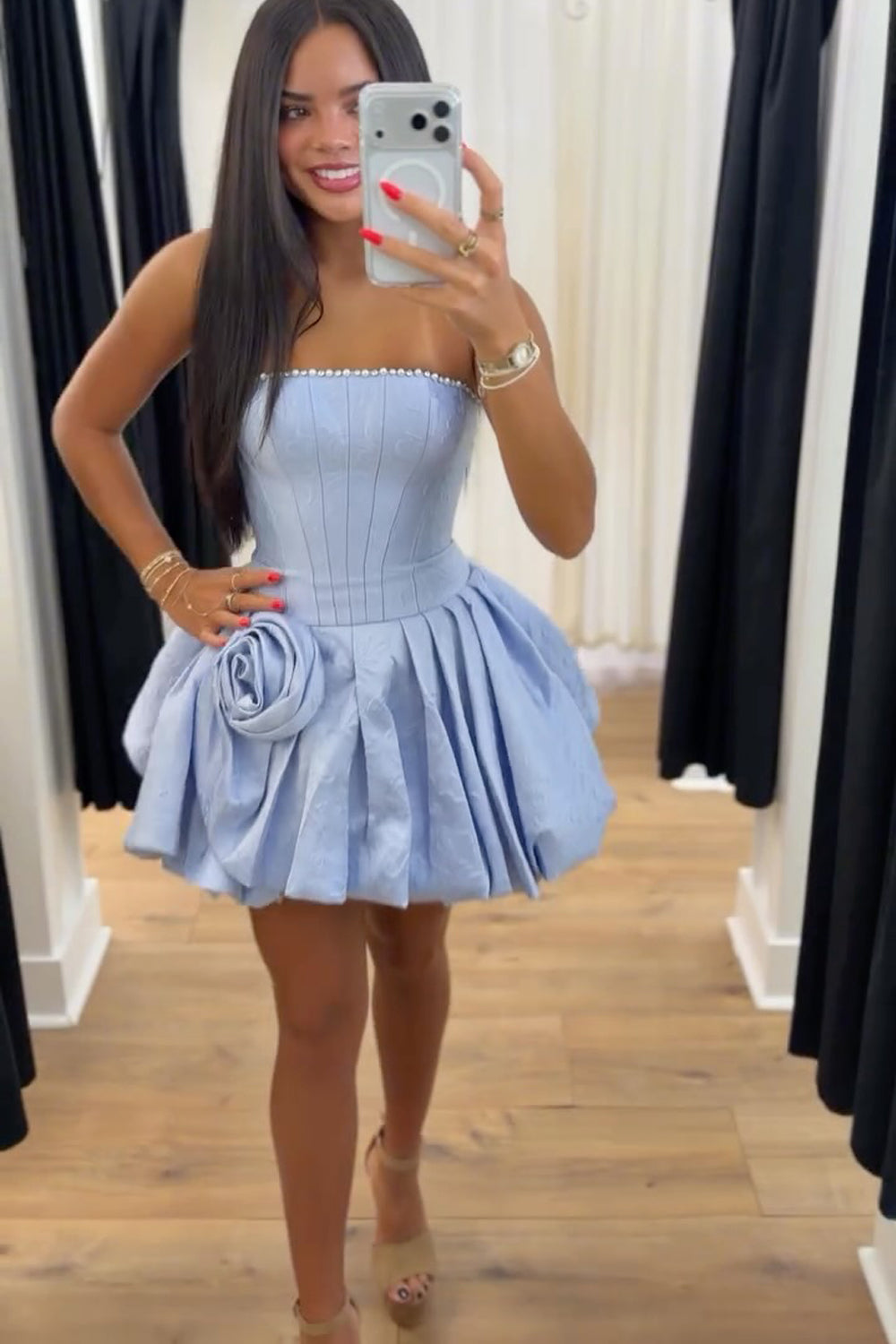 Light Blue A Line Satin Strapless Homecoming Dresses JP062310