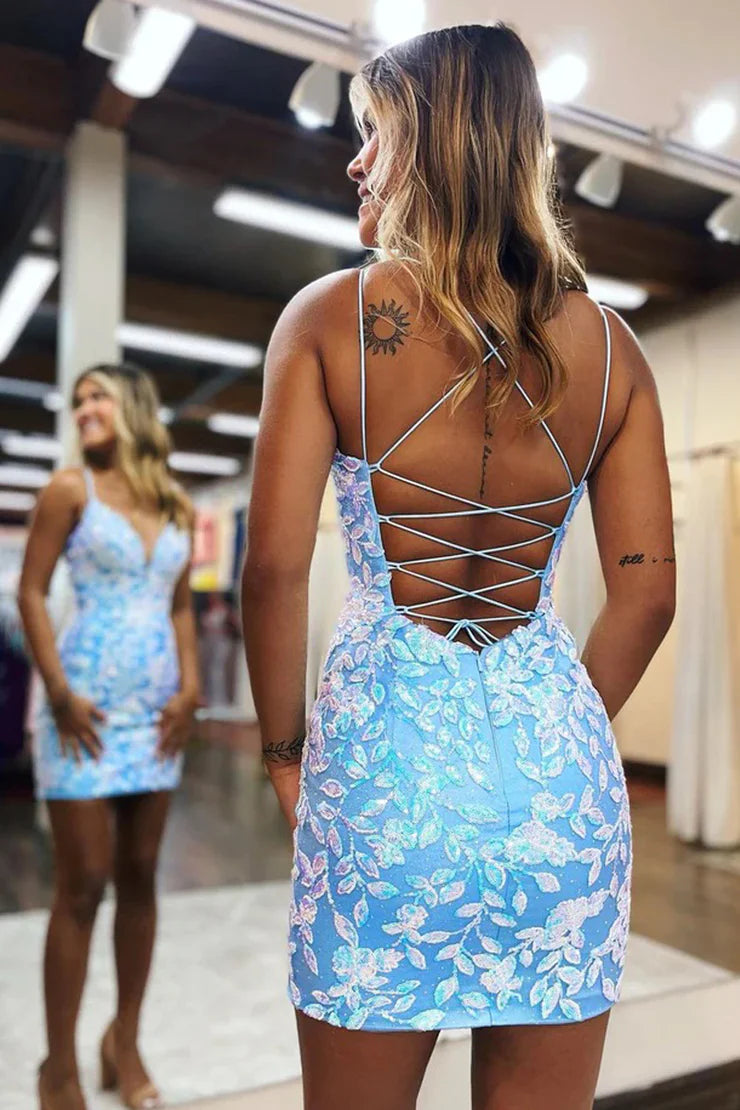 V Neck Light Blue Sequins Lace Homecoming Dress JP082708