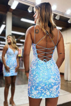 V Neck Light Blue Sequins Lace Homecoming Dress JP082708
