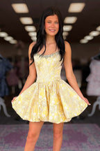 Yellow Jacquard Satin A Line Scoop Neck Homecoming Dresses with Beading JP062302