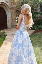 A Line Sweetheart Light Blue Jacquard Satin Long Prom Foraml Dress JP070846