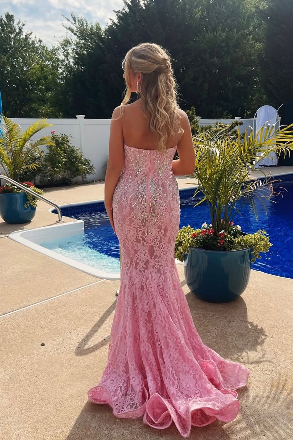 Mermaid V Neck Pink Lace Prom Dress JP070817