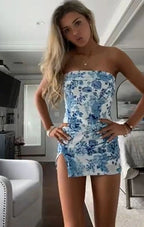 Tight Strapless Floral Satin Short Homecoming Dress JP082706