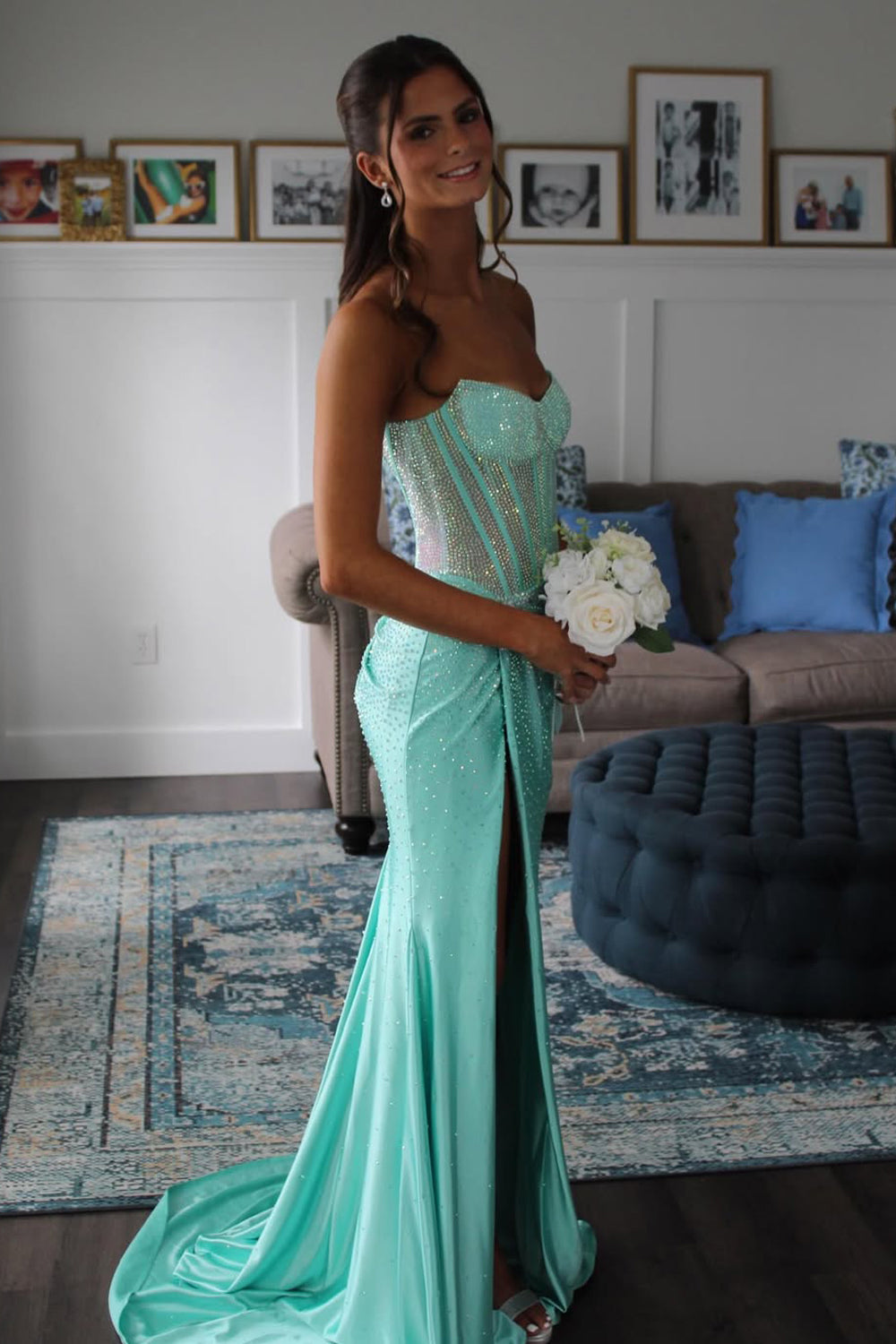 Sparkly Mermaid Mint Satin Long Prom Dress JP070821