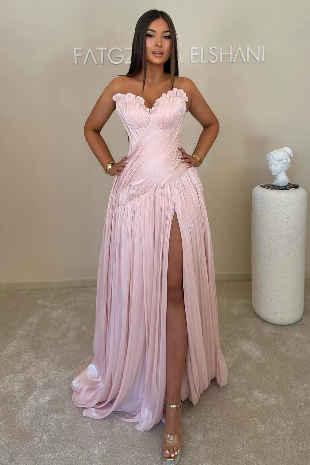 A Line Strapless Pink Pleat Long Evening Formal Dress JP070843