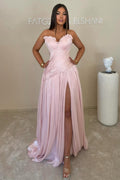 A Line Strapless Pink Pleat Long Evening Formal Dress JP070843