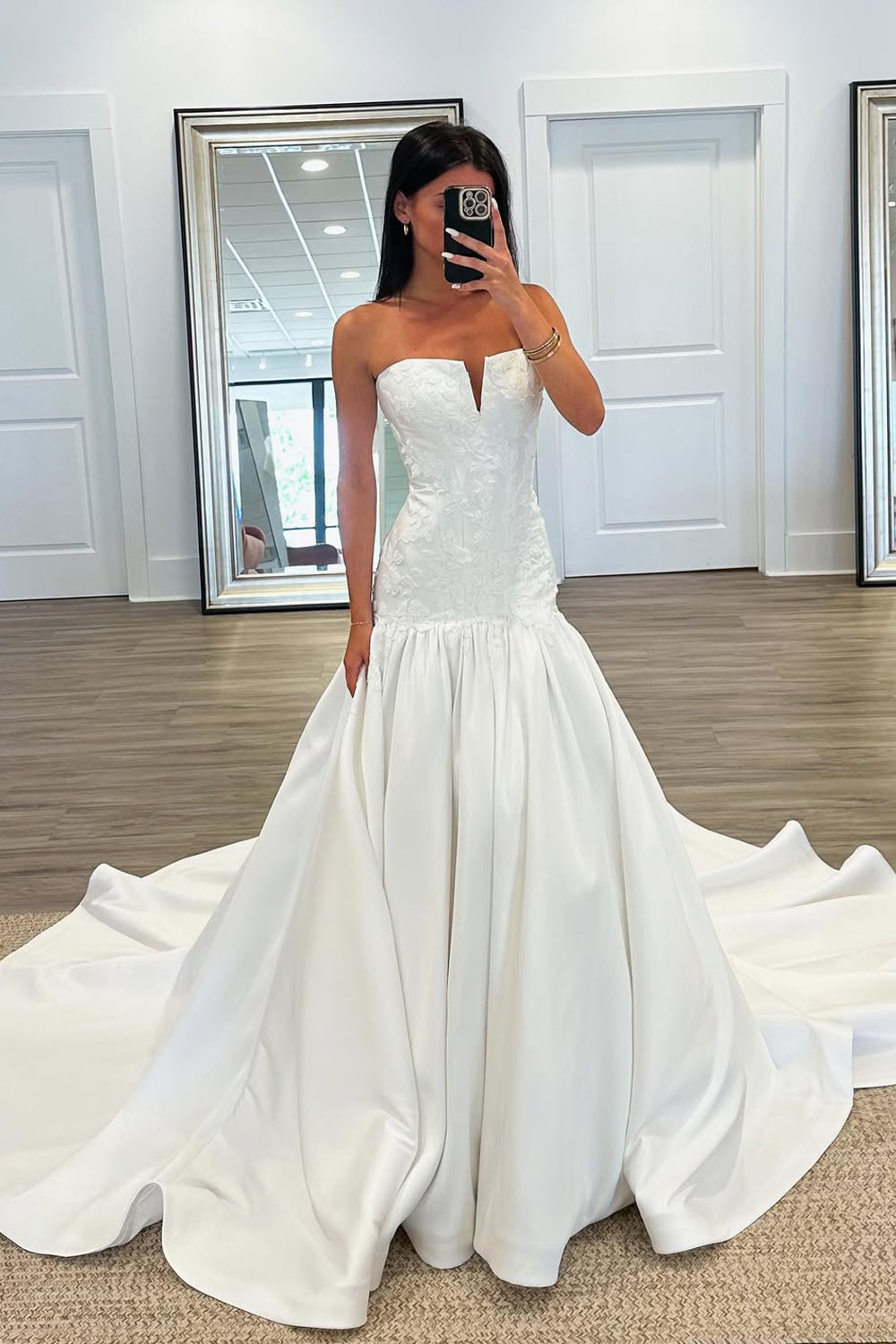 Boho Mermaid Strapless Satin Wedding Dresses with Appliques JP070928