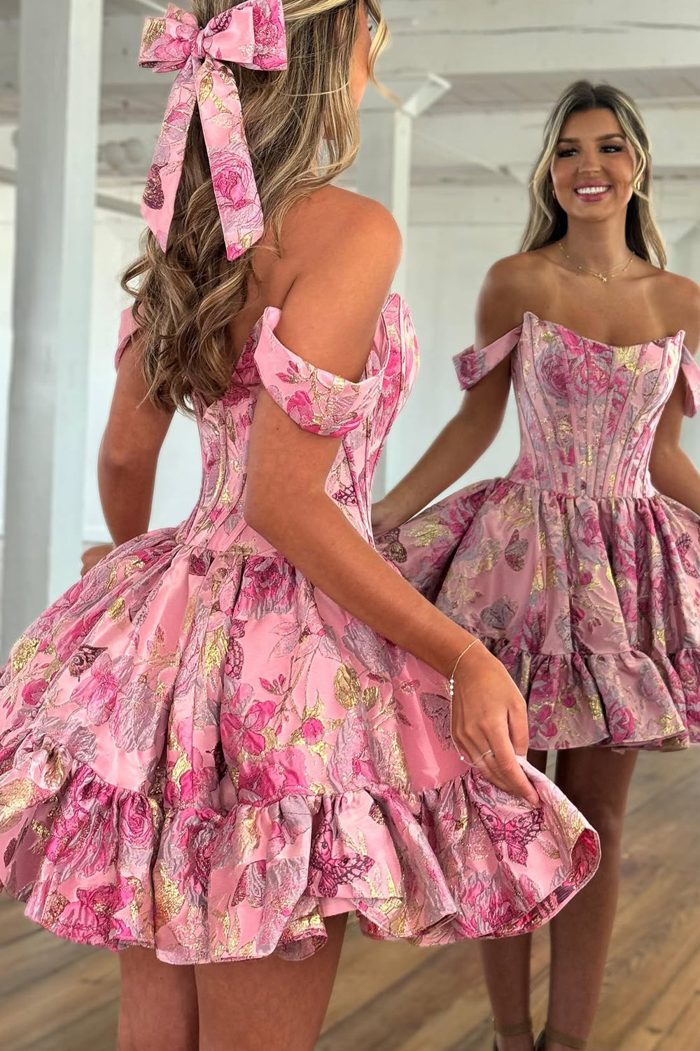 Off the Shoulder Fuchsia Jacquard Satin Short Homecoming Dresses JP062524