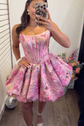 A Line Scoop Neck Pink Jacquard Satin Short Homecoming Dresses JP071517