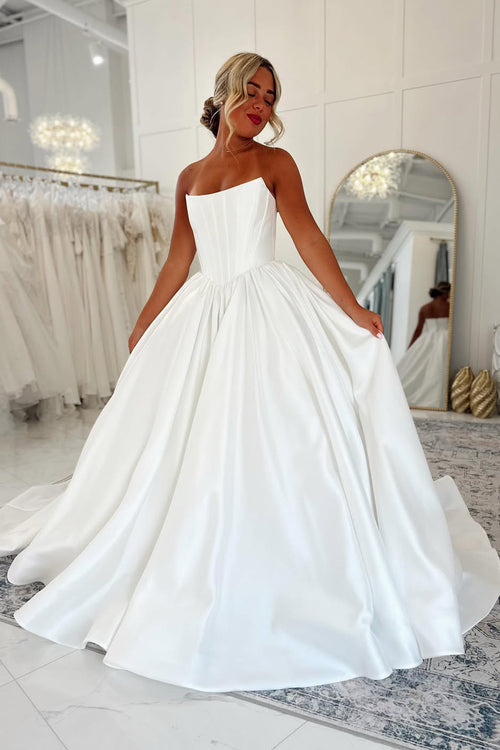 A Line Scoop Neck Pleat Satin Wedding Dresses JP070933