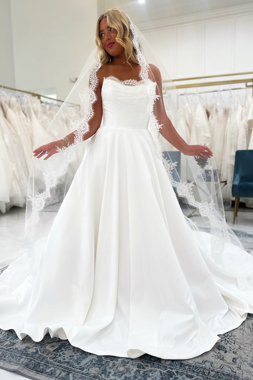 A Line Scoop Neck Satin Long Wedding Dresses with Lace JP072207