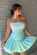 A Line Strapless Mint Satin Short Homecoming Dress with Beading JP072502
