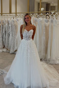 A Line Sweetheart Tulle Beach Wedding Dresses with Appliques JP26070895