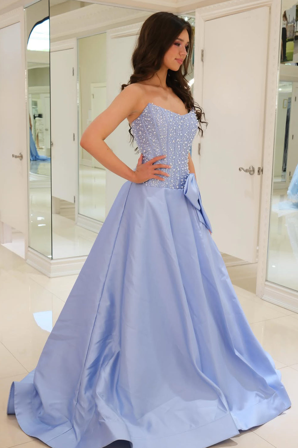 A Line Scoop Neck Dark Blue Satin Prom Dress with Pearls JP070819