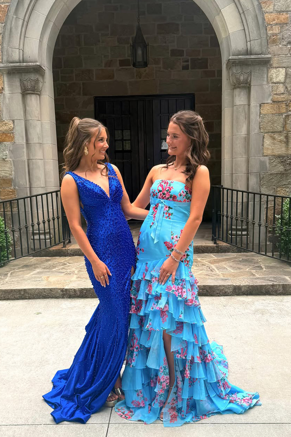 Sheath Strapless Blue Floral Chiffon Tiered Long Prom Dress JP070831