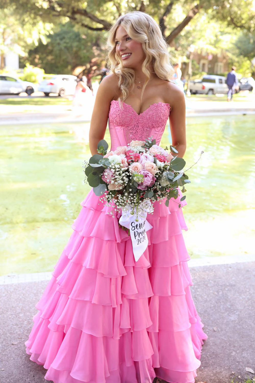 Unique A Line Sweetheart Pink ChiffonLong Prom Dresses JP070851