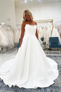 A Line Scoop Neck Satin Long Wedding Dresses with Lace JP072207