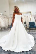 A Line Scoop Neck Satin Long Wedding Dresses with Lace JP072207