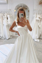 A Line Straps Satin Wedding Dresses with Train JP2607081