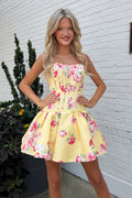 A Line Strapless Floarl Satin Homecoming Dresses JP071905