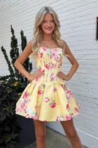 A Line Strapless Floarl Satin Homecoming Dresses JP071905