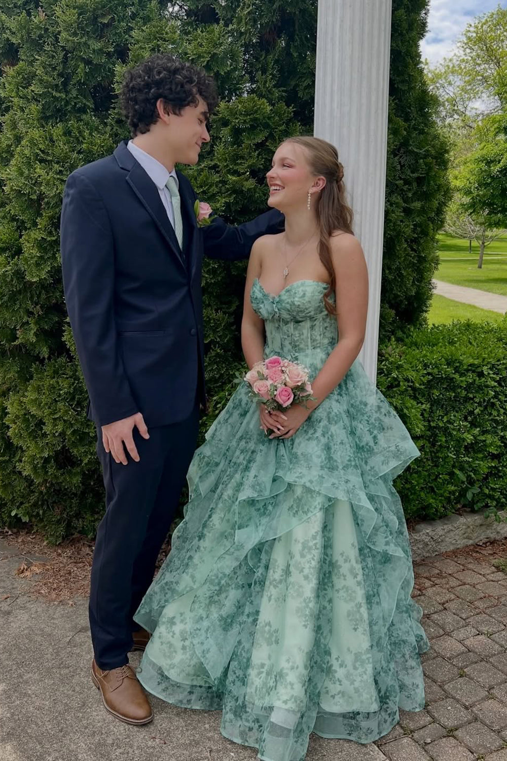 A Line Sweetheart Green Floral Long Prom Dress JP070848